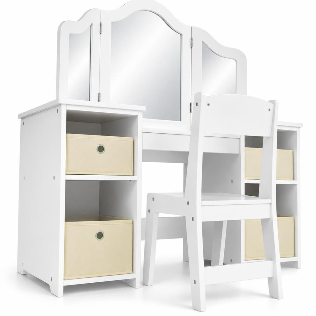 Airfind Kids Vanity Table and Chair Set with Removable Mirrors and 4 Storage Bins, 220 lbs Capacity, MDF Frame, for 3+ Years Old, White