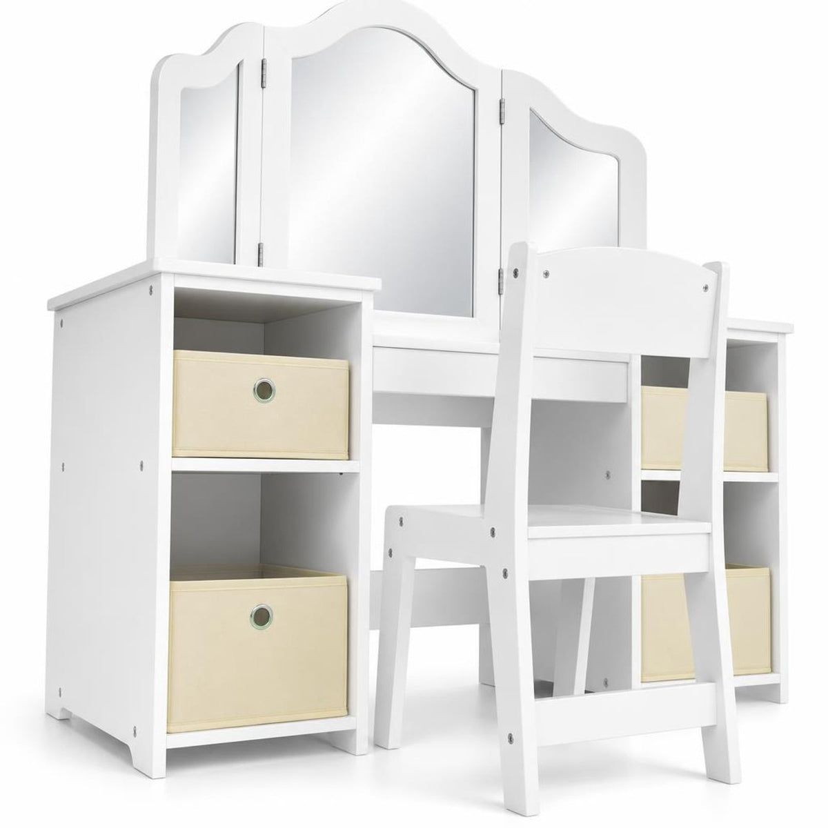 Airfind Kids Vanity Table and Chair Set with Removable Mirrors and 4 Storage Bins, 220 lbs Capacity, MDF Frame, for 3+ Years Old, White