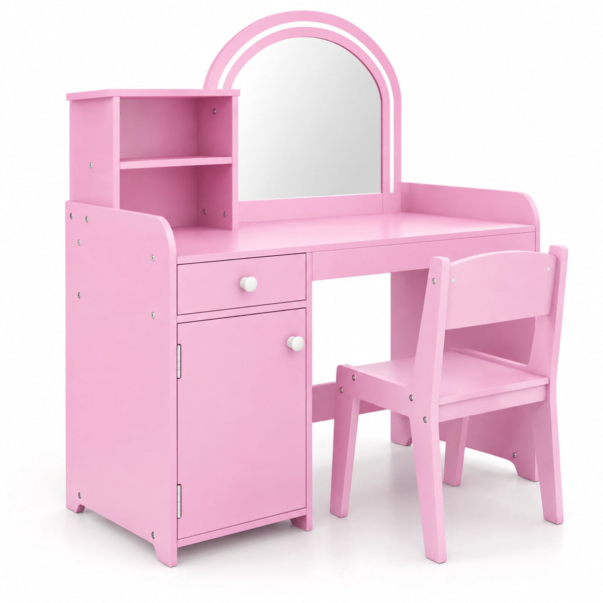 Airfind Kids Vanity Table and Chair Set with Shelves Drawer and Cabinet, P2 MDF Acrylic Frame, for Over 3 Years Old, 31.5 Inch x 16 Inch x 37 Inch Footprint