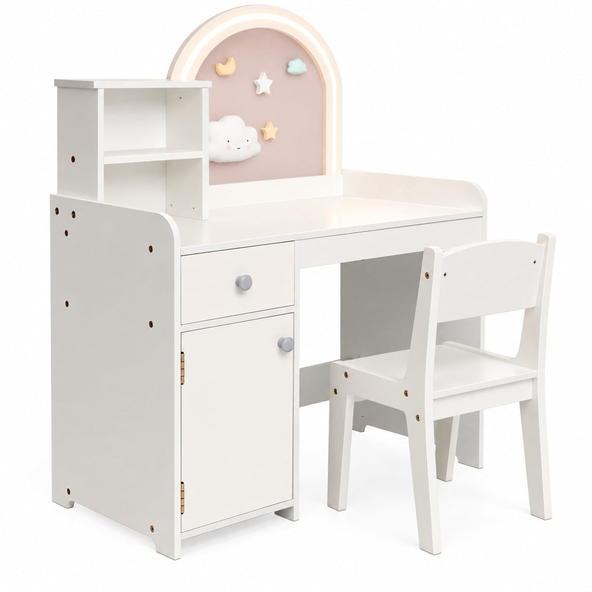 Airfind Kids Vanity Table and Chair Set with Shelves Drawer and Cabinet, P2 MDF Acrylic Frame, for Over 3 Years Old, 31.5 Inch x 16 Inch x 37 Inch Footprint