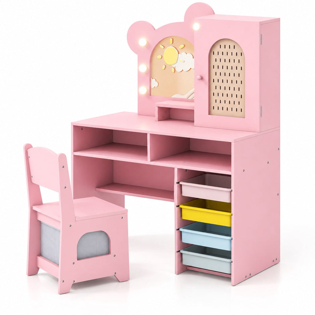Airfind Kids Vanity with Lights and 5 Drawers for Kids Aged 3+ Years Old, 45 lbs Capacity, MDF Frame, for 3+ Years Old, Pink
