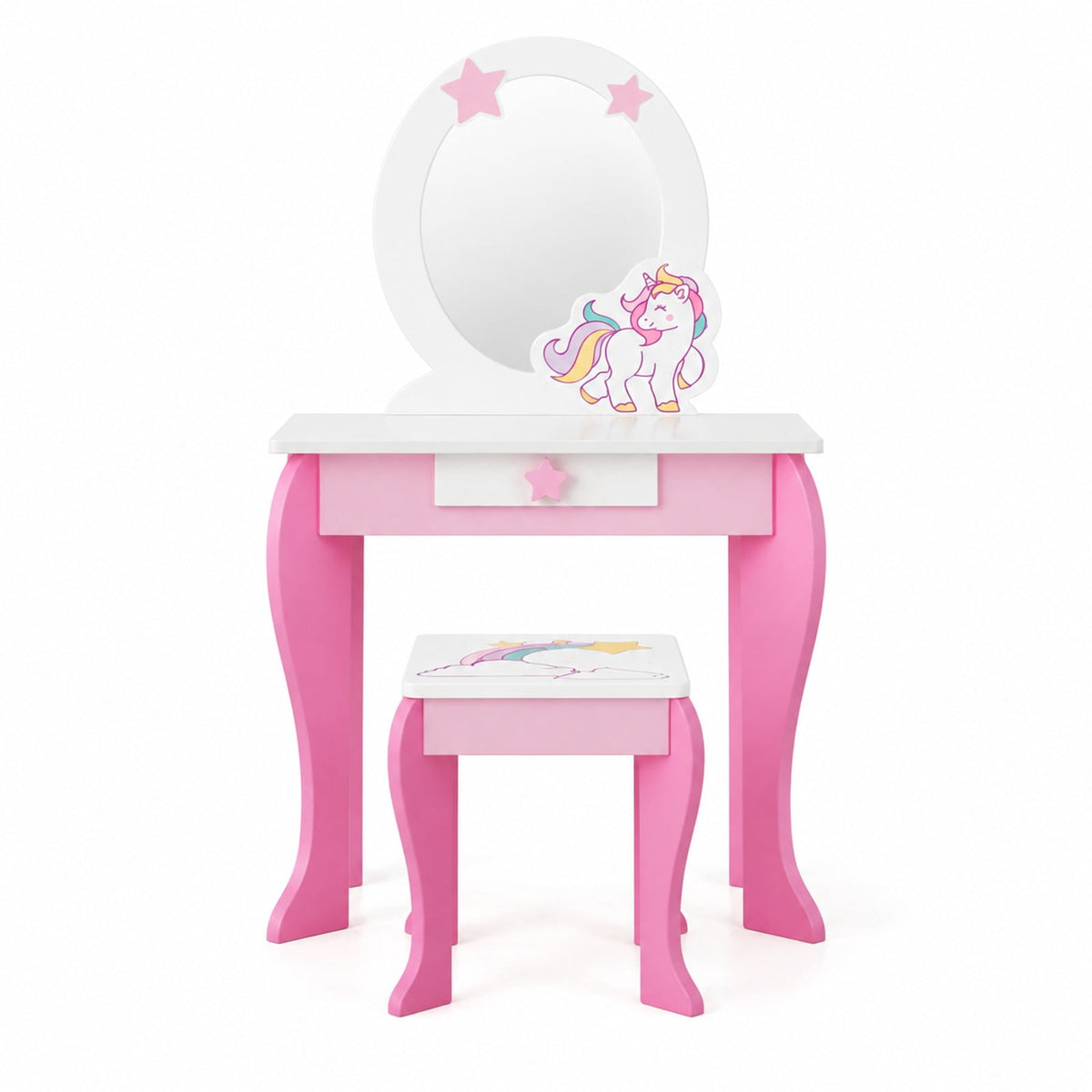 Airfind Kids Wooden Makeup Dressing Table and Chair Set with Mirror and Drawer, MDF Frame, 19 Inch x 14 Inch x 35 Inch Footprint, Pink