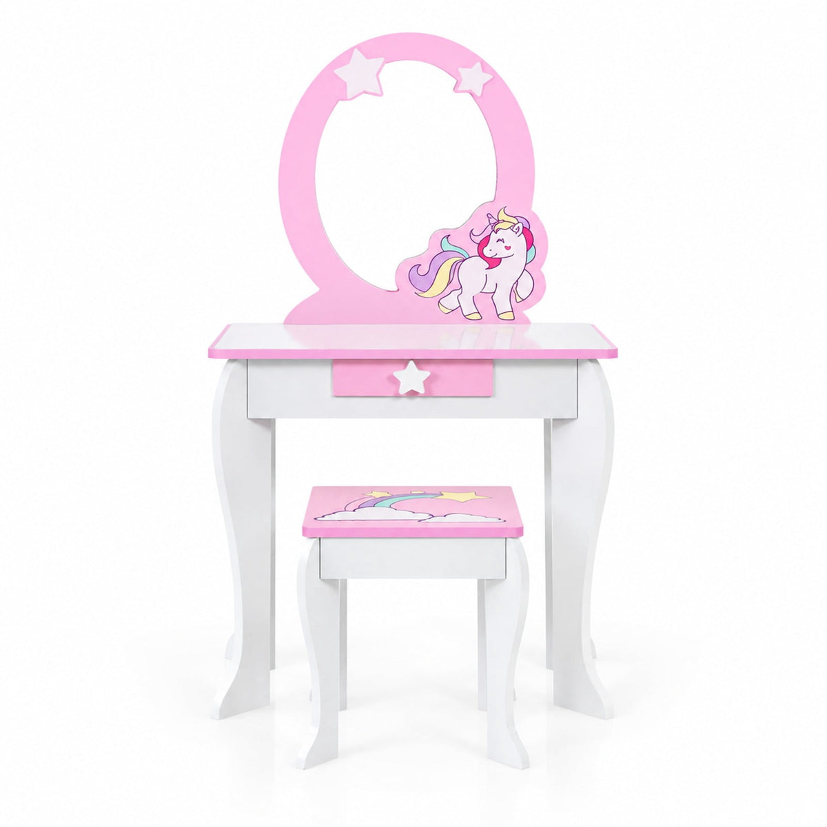 Airfind Kids Wooden Makeup Dressing Table and Chair Set with Mirror and Drawer, MDF Frame, 19 Inch x 14 Inch x 35 Inch Footprint, White