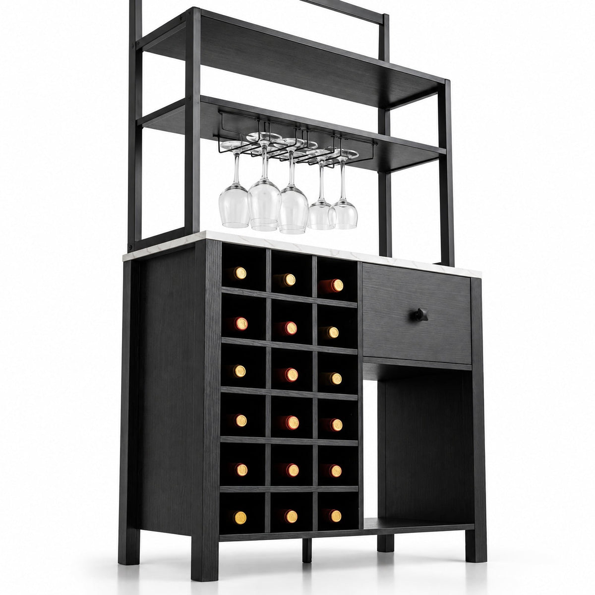 Airfind Kitchen Bakers Rack Freestanding Wine Rack Table with Glass Holder and Drawer, Engineered wood steel Frame, 31 x 16 x 64 Footprint, Black