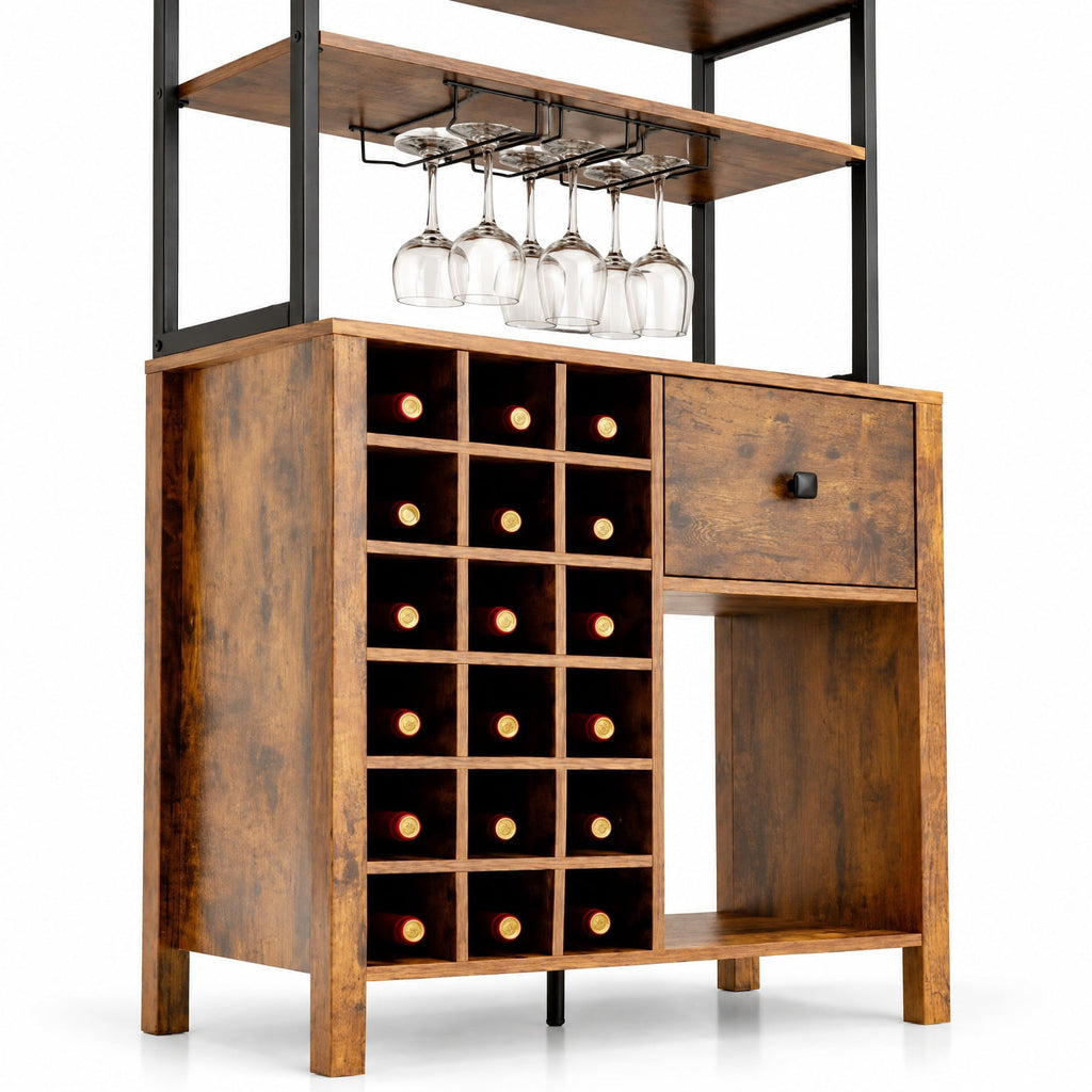 Airfind Kitchen Bakers Rack Freestanding Wine Rack Table with Glass Holder and Drawer, Engineered wood steel Frame, 31 x 16 x 64 Footprint, Brown