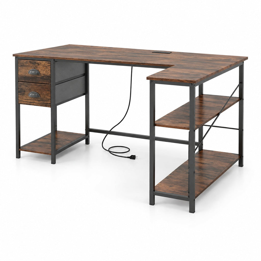 Airfind L Shaped Desk with Charging Station Corner Computer Desk with 2 Fabric Drawers, 110 lbs Capacity, Engineered Wood Metal Fabric Frame, Brown
