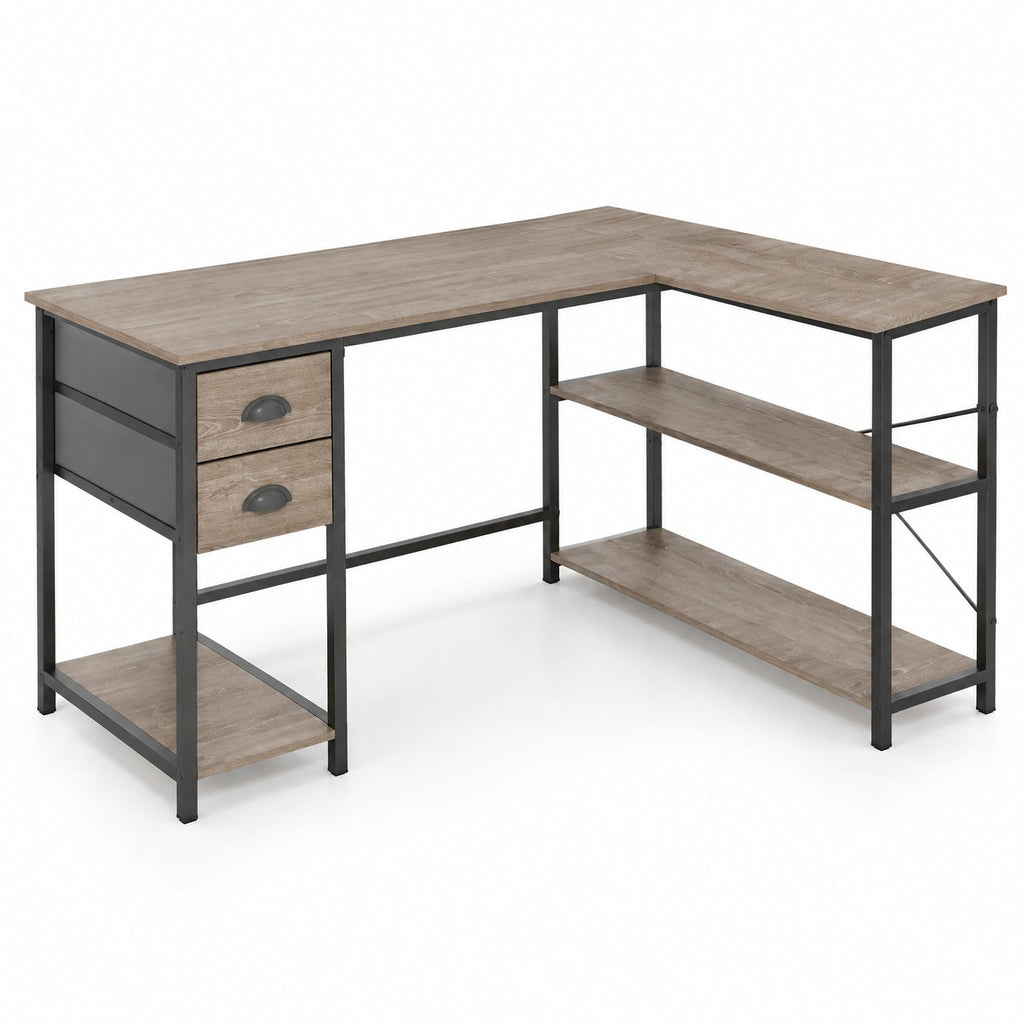 Airfind L Shaped Desk with Charging Station Corner Computer Desk with 2 Fabric Drawers, 110 lbs Capacity, Engineered Wood Metal Fabric Frame