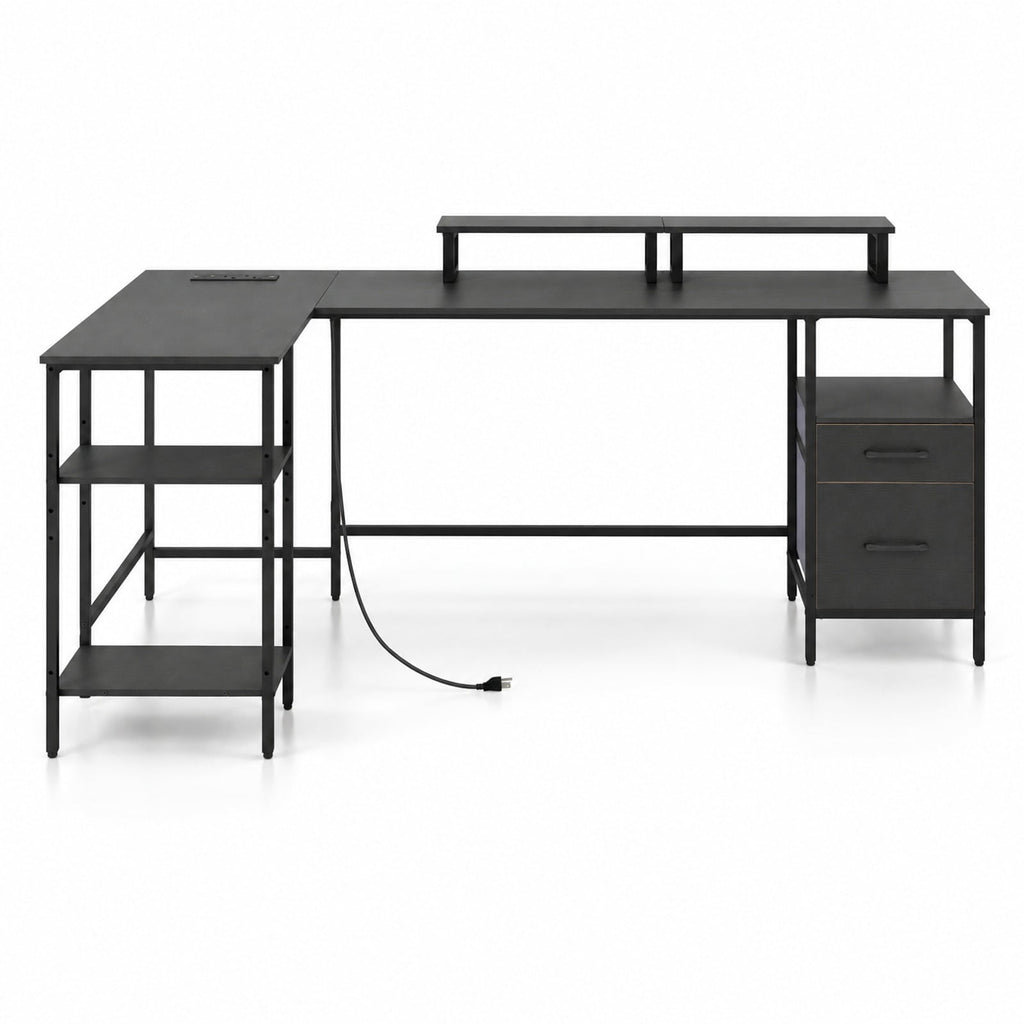 Airfind L Shaped Desk with Power Outlet Reversible Computer Desk with Monitor Stands, 155 lbs Capacity, Engineered Wood Metal Fabric Frame, Black