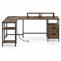 Airfind L Shaped Desk with Power Outlet Reversible Computer Desk with Monitor Stands, 155 lbs Capacity, Engineered Wood Metal Fabric Frame, Brown