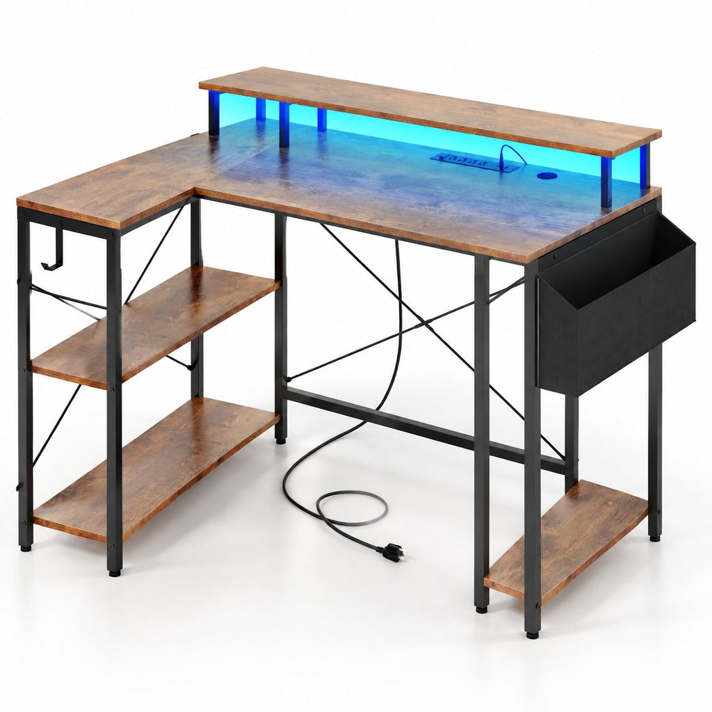 Airfind L-Shaped Gaming Desk with LED Lights and Power Outlets, 200 lbs Capacity, Engineered Wood Metal Frame, 48 x 31.5 x 34.5 Footprint, Brown