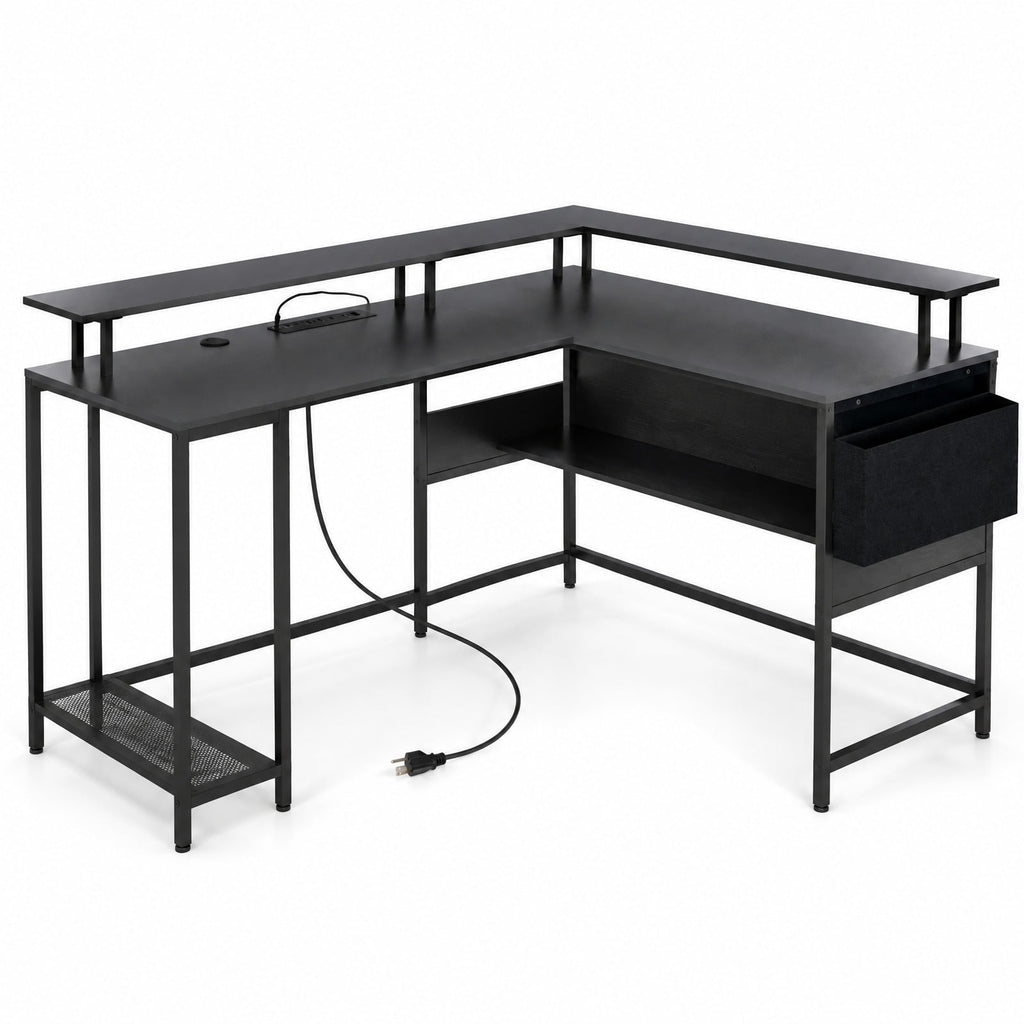 Airfind L-Shaped Gaming Desk with LED Lights and Power Outlets Home Office Computer Desk, 200 lbs Capacity, Engineered Wood Metal Frame, Black