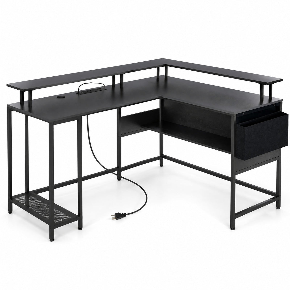Airfind L-Shaped Gaming Desk with LED Lights and Power Outlets Home Office Computer Desk, 200 lbs Capacity, Engineered Wood Metal Frame, Black