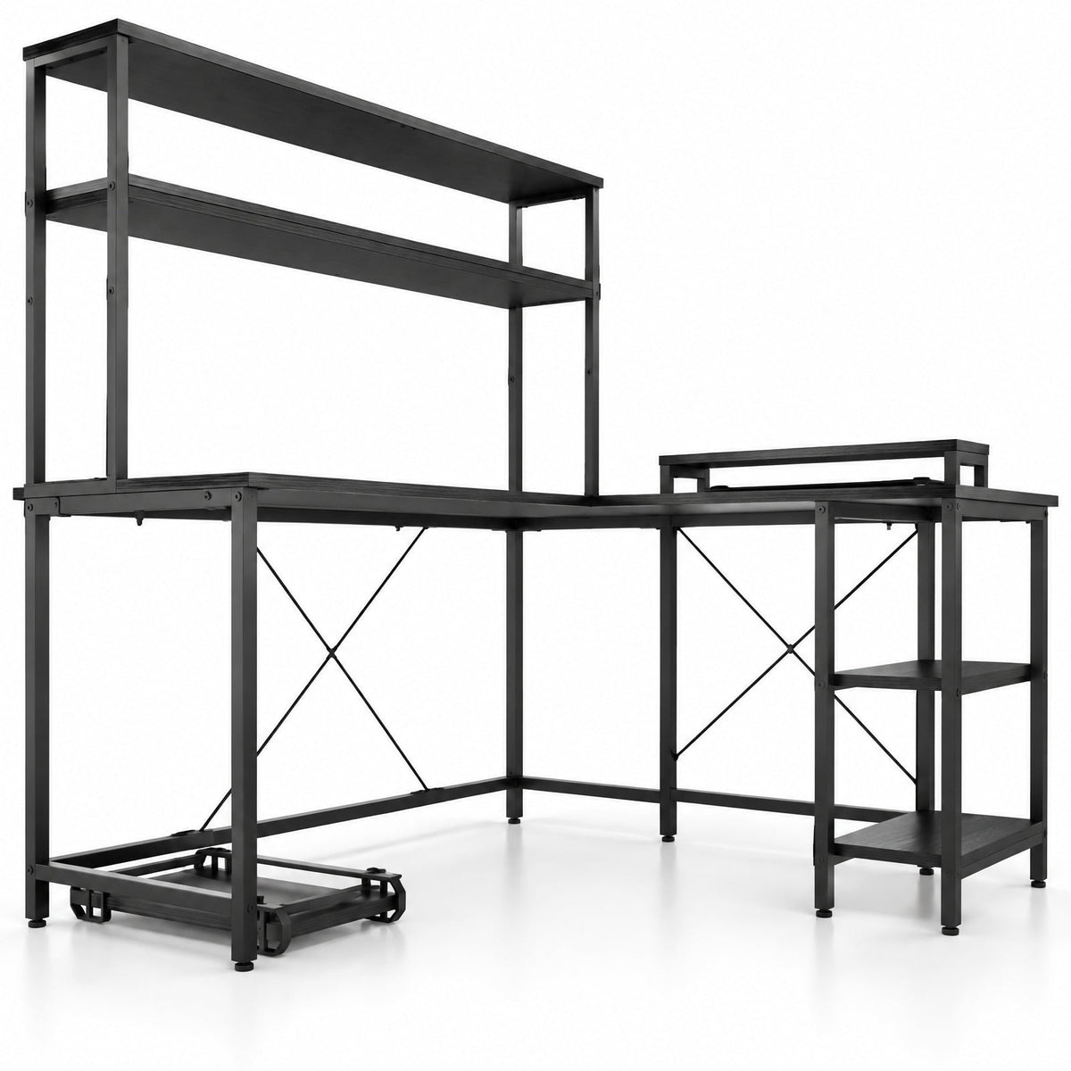 Airfind L-Shaped Reversible Gaming Desk with LED Strip and Power Outlets Hutch Monitor Stand, 310 lbs Capacity, Engineered Wood Metal Frame, Black