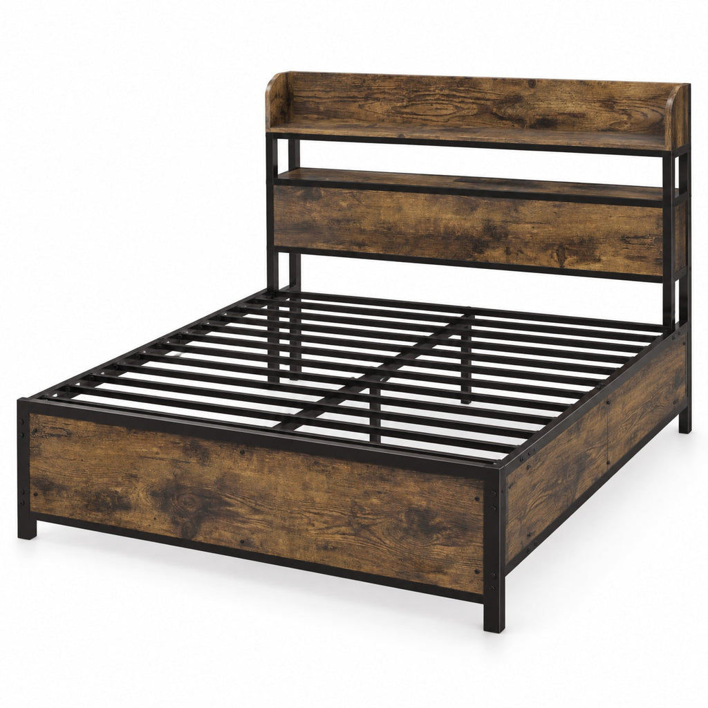 Airfind LED Bed Frame with Power Outlets and Storage Headboard, 1000 lbs Capacity, Engineered Wood Metal MDF Frame