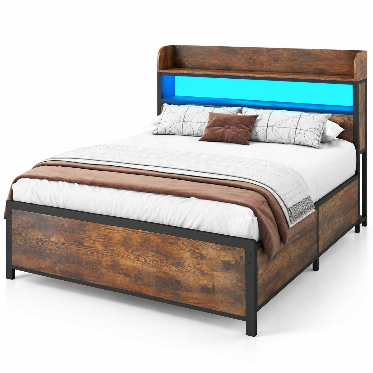 Airfind LED Bed Frame with Power Outlets and Storage Headboard, 1000 lbs Capacity, Engineered Wood Metal MDF Frame
