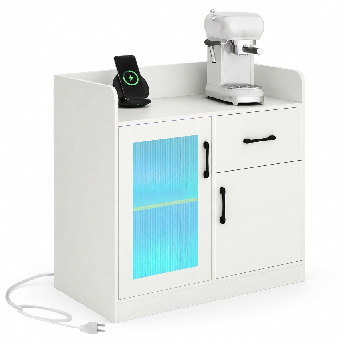 Airfind LED Buffet Sideboard with Charging Station with Drawer and Translucent Fluted Door, 110 lbs Capacity, Engineered Wood MDF PC Frame, White