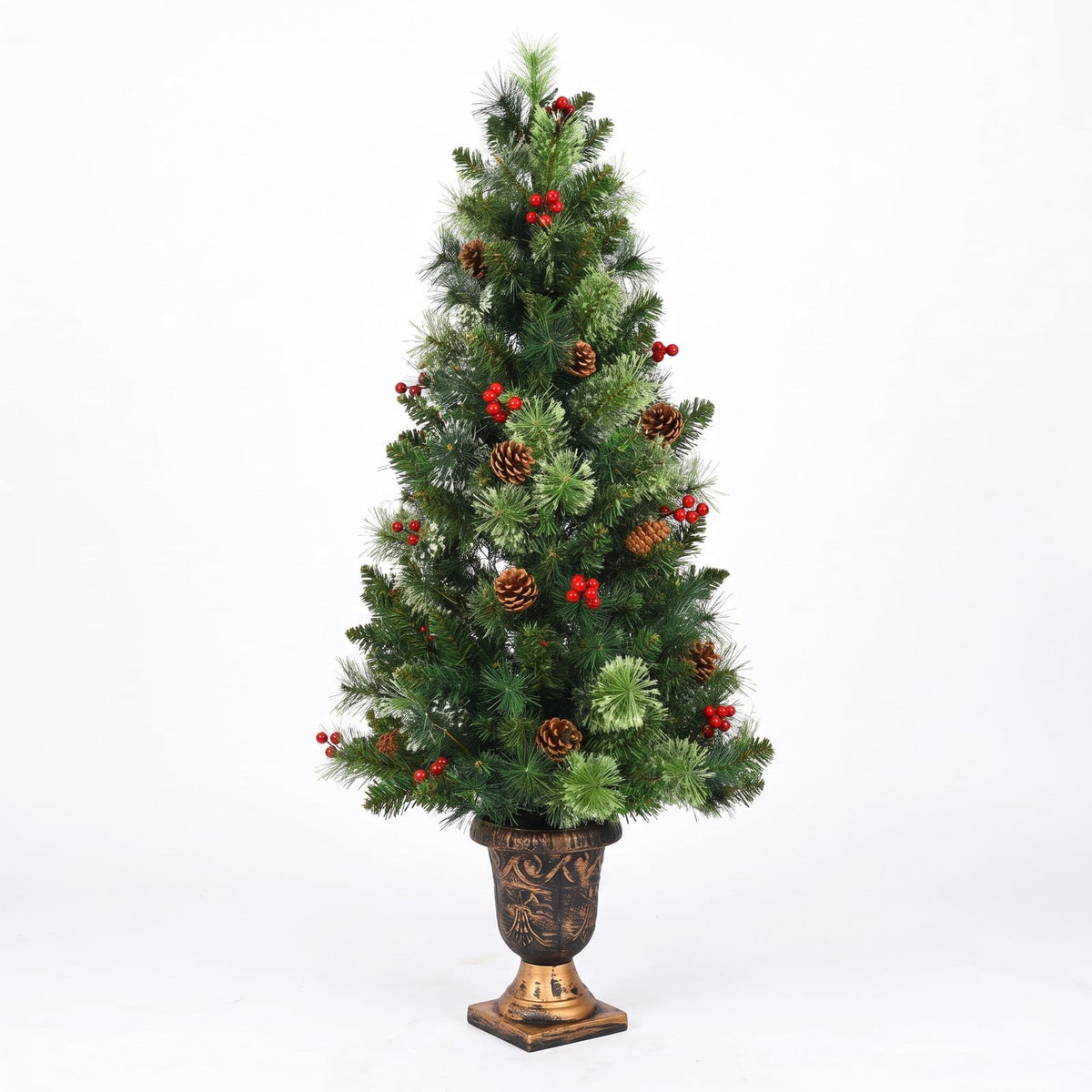 Airfind LED Christmas Tree with Red Berries Pine Cones-3, PVC Metal Cement Tree Height 3 ft 4 ft 5 ft Tree Width 15 22 26 Frame, Red