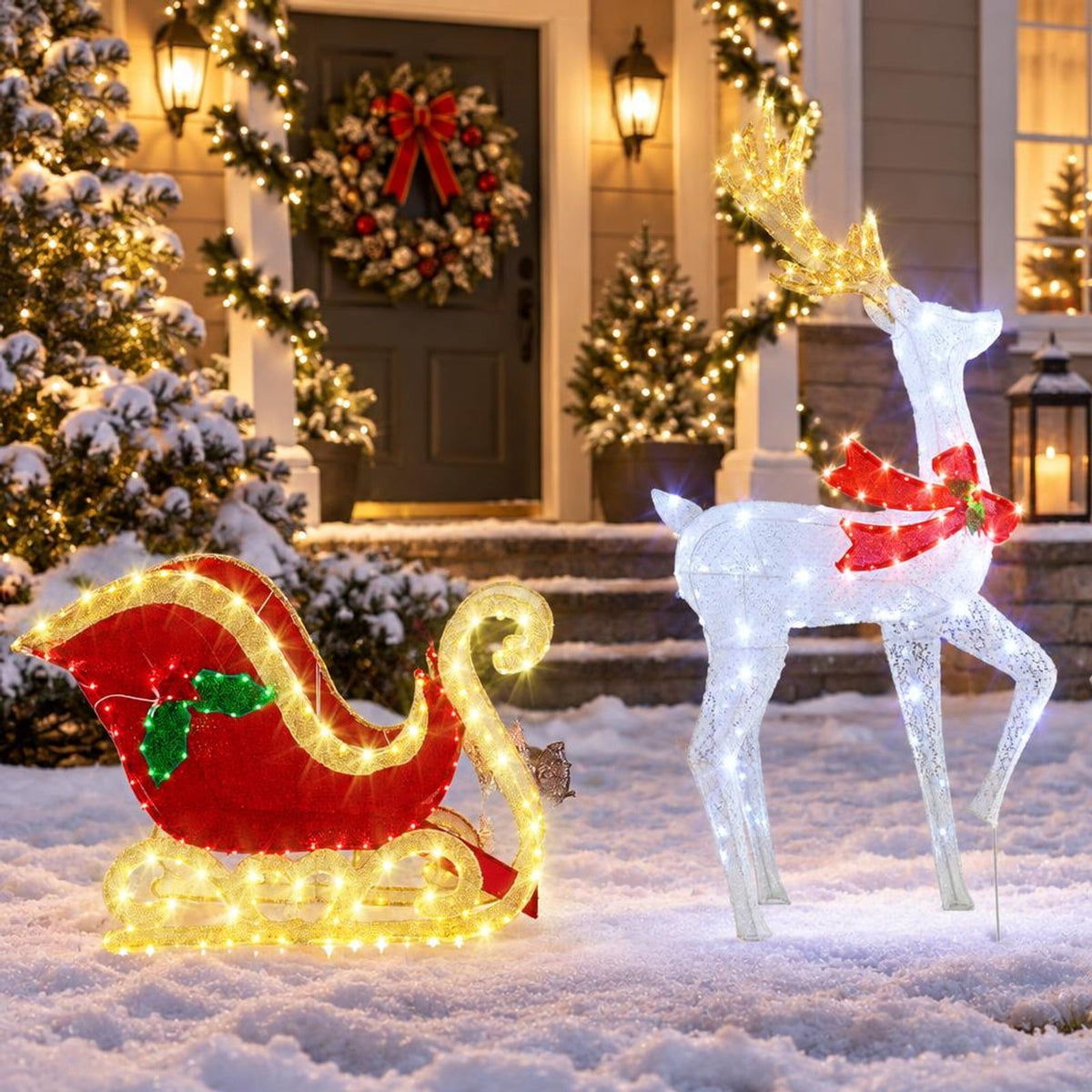 Airfind LED Lighted Christmas Reindeer and Santas Sleigh, Mesh Fabric PVC Metal Frame, 31in x 12in x 5.4 ft Footprint, White Red Green