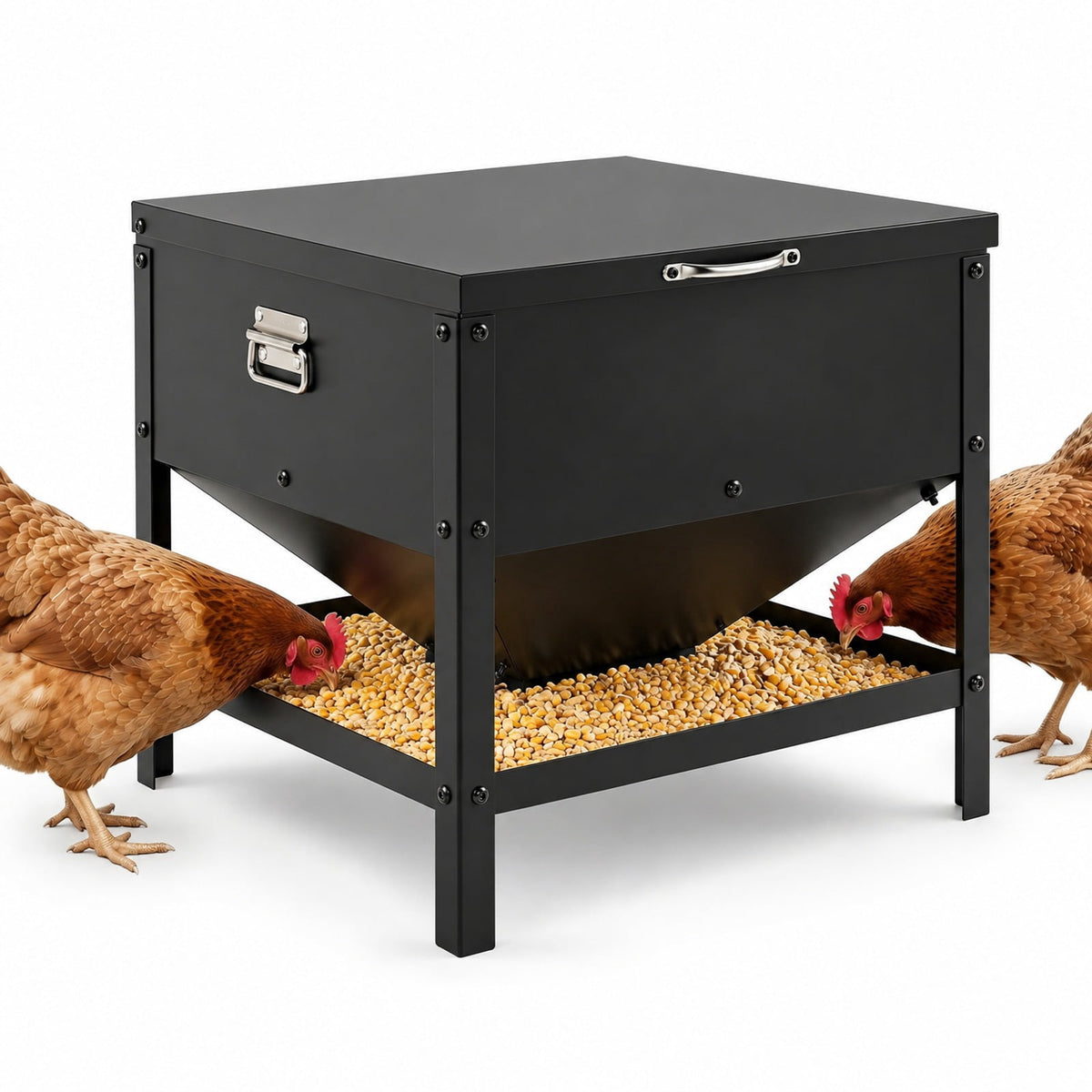 Airfind Large Capacity Chicken Feeding Box with Openable Lid, Galvanized Metal Stainless Steel for Convenient Everyday Use, Black
