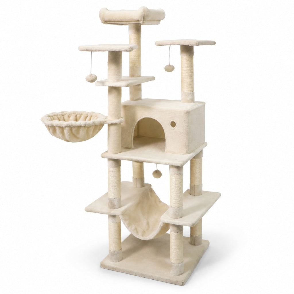Airfind Large Cat Tree for Indoor Cats 63 Inch Tall Cat Tower, Plush Fabric Sisal Engineered Wood Base Frame, Beige