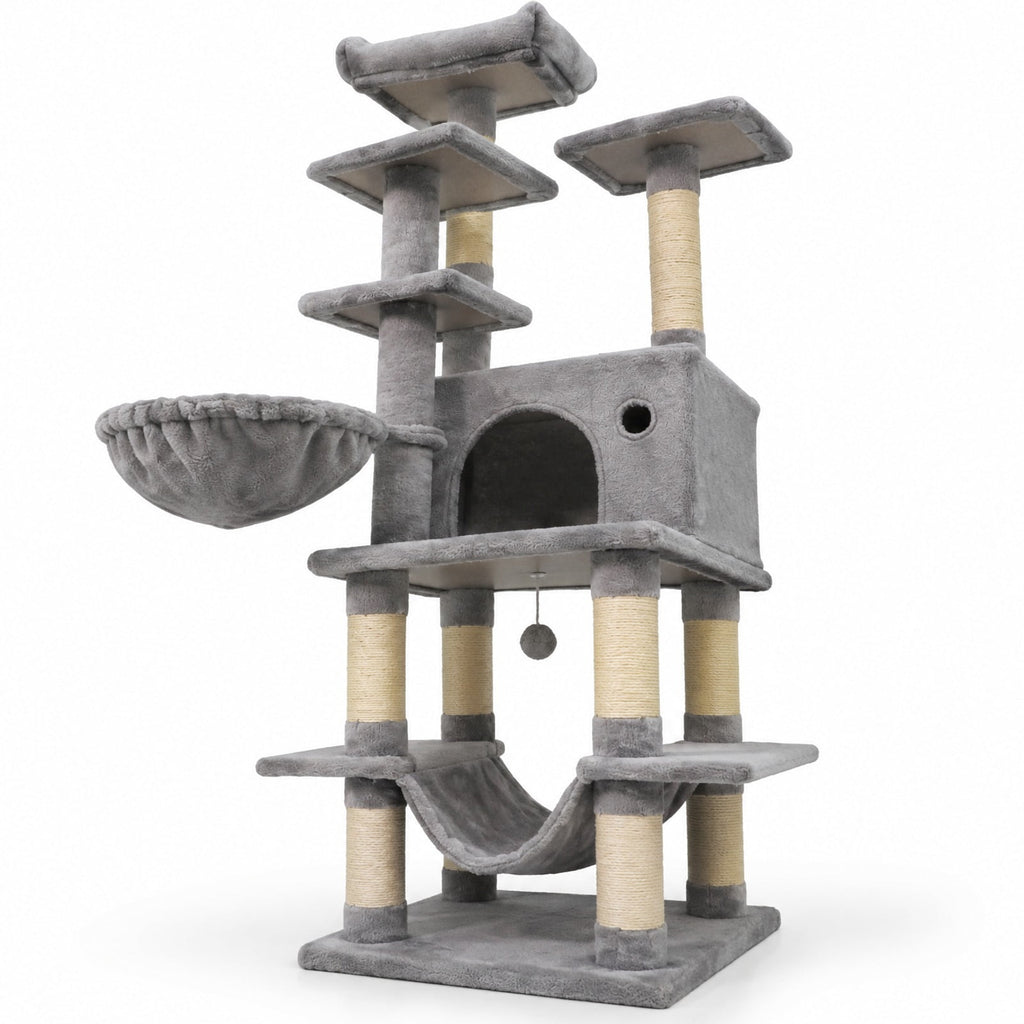 Airfind Large Cat Tree for Indoor Cats 63 Inch Tall Cat Tower, Plush Fabric Sisal Engineered Wood Base Frame, Gray