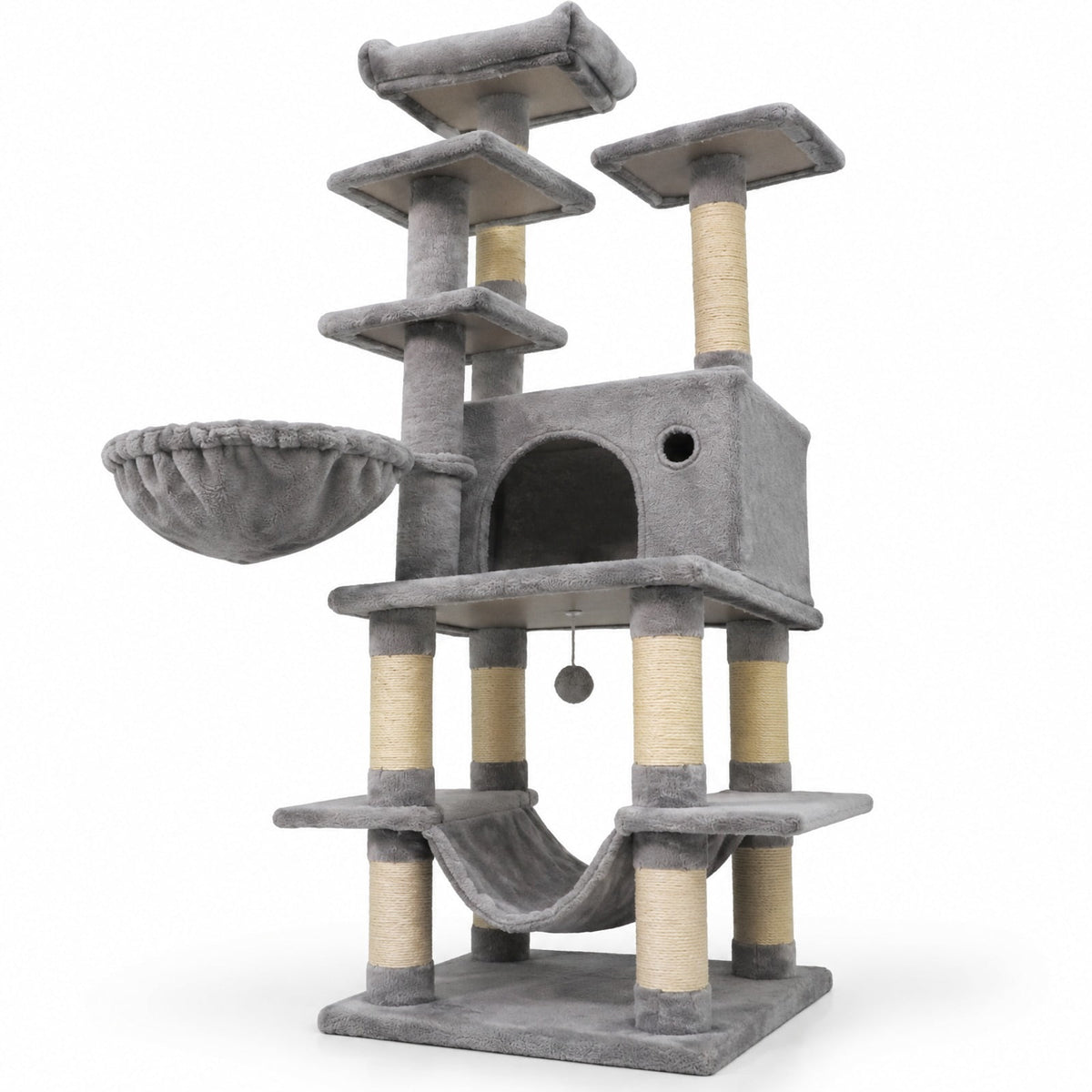 Airfind Large Cat Tree for Indoor Cats 63 Inch Tall Cat Tower, Plush Fabric Sisal Engineered Wood Base Frame, Gray