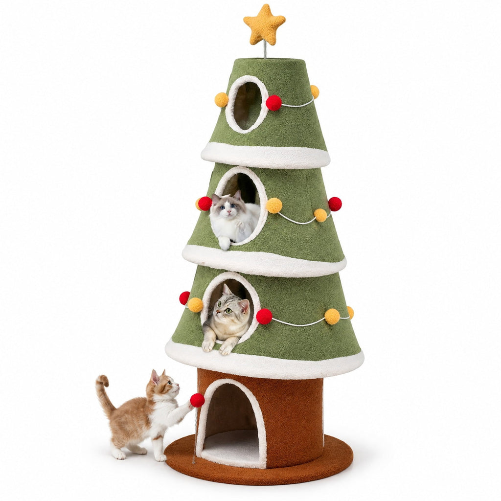 Airfind Large Christmas Cat Tree for Indoor Cats 61 Inch Cute Cat Tower with 4 Condos, 11 lbs Capacity, Engineered Wood Plush Fabric Frame, Green