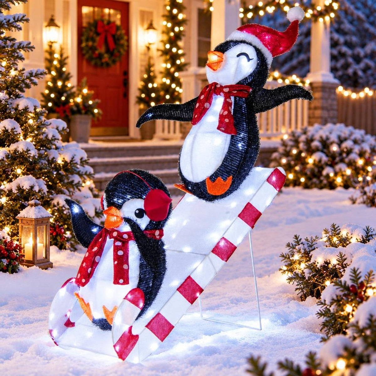 Airfind Lighted Christmas Decoration Penguins 3D Pre-Lit Penguins Slide with 170 LED Lights, Metal Frame, Multi-color