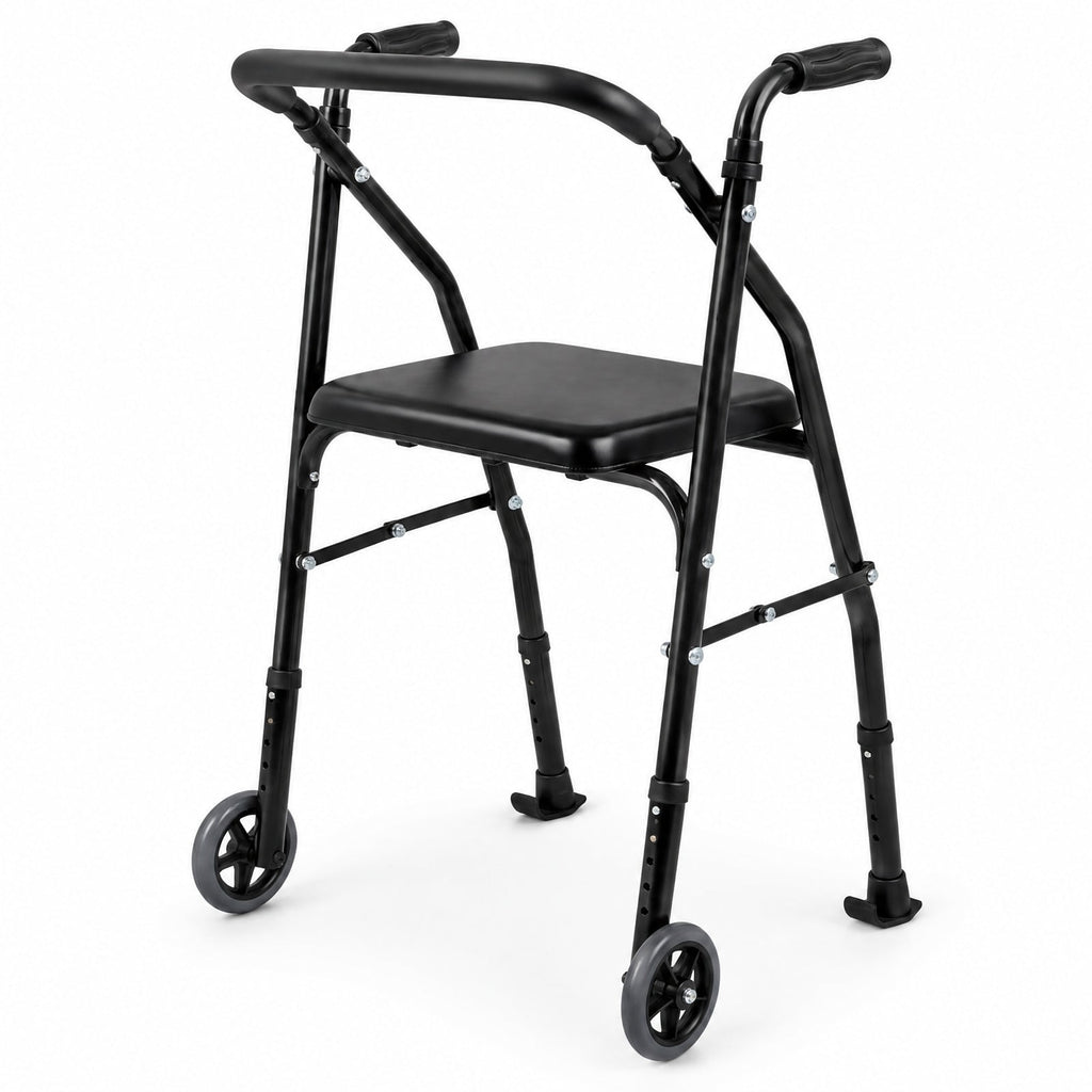 Airfind Lightweight Aluminum Mobility Walker for Seniors with 2 Wheels 5-Level Adjustable Height and Padded Seat, 220 lbs Capacity, Black