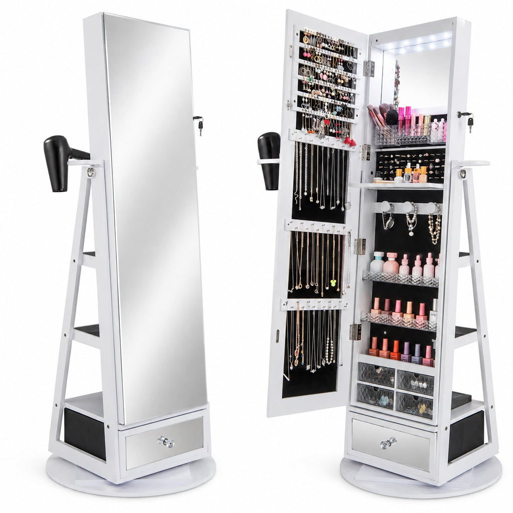 Airfind Lockable 360° Swivel Jewelry Cabinet with Full-Length Mirror LED Lights, MDF Glass Acrylic Frame, 22 Inch x 64.5 Inch External Footprint, White