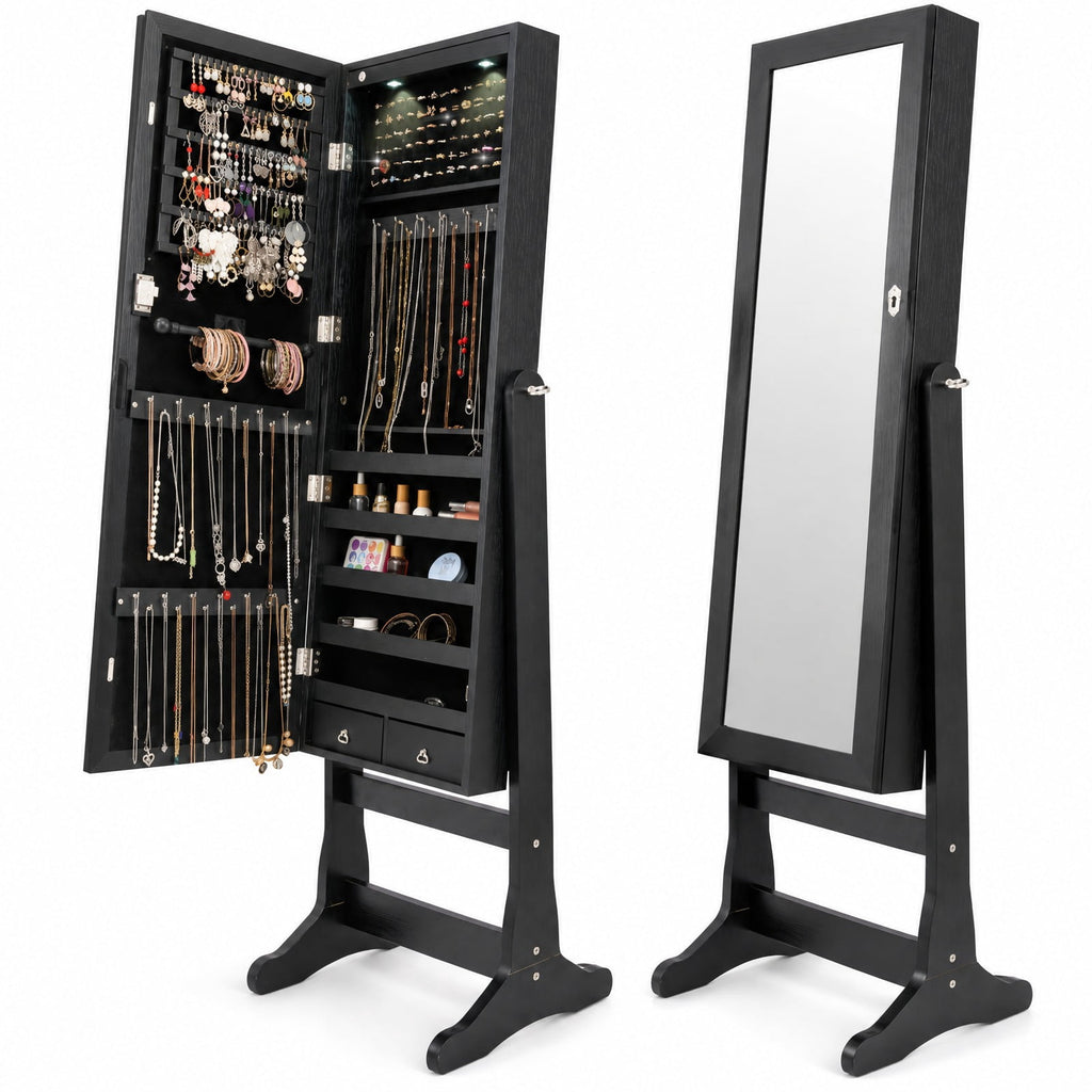 Airfind Lockable Freestanding Jewelry Cabinet Armoire with Full-Length Mirror and Lights, MDF Glass, 16 Inch X 14.5 Inch X 57.5 Inch, Black