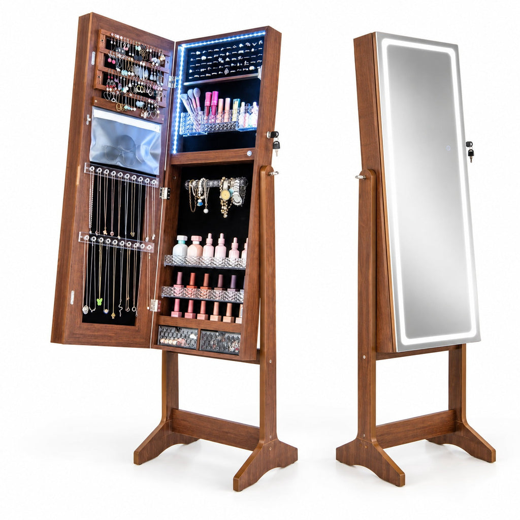 Airfind Lockable Jewelry Armoire Standing Cabinet with Lighted Full-Length Mirror, MDF Glass Acrylic Frame, 16 x 15 x 59.5 External Footprint