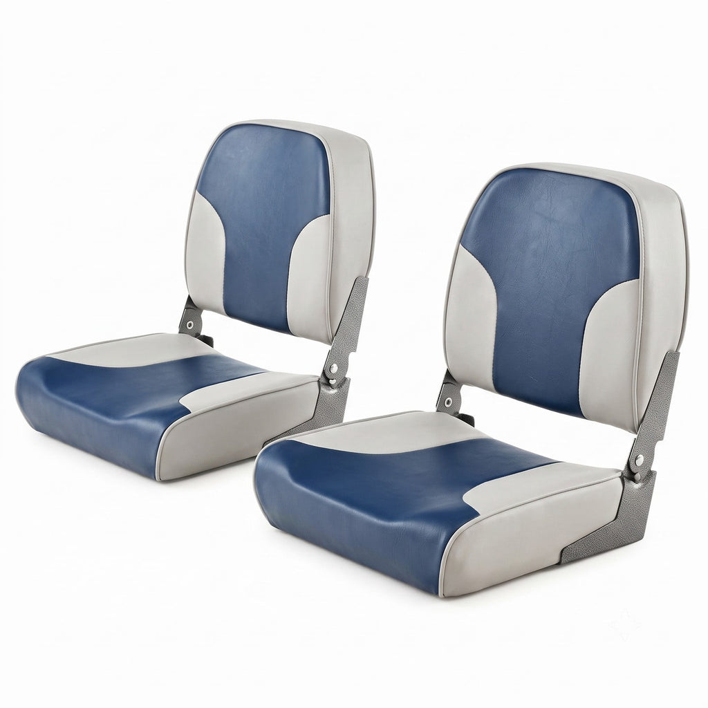 Airfind Low Back Folding Boat Seats Set of 2 with Thick Sponge Padding and Aluminum Hinges for Fishing and Pontoon Boats, Blue and Gray