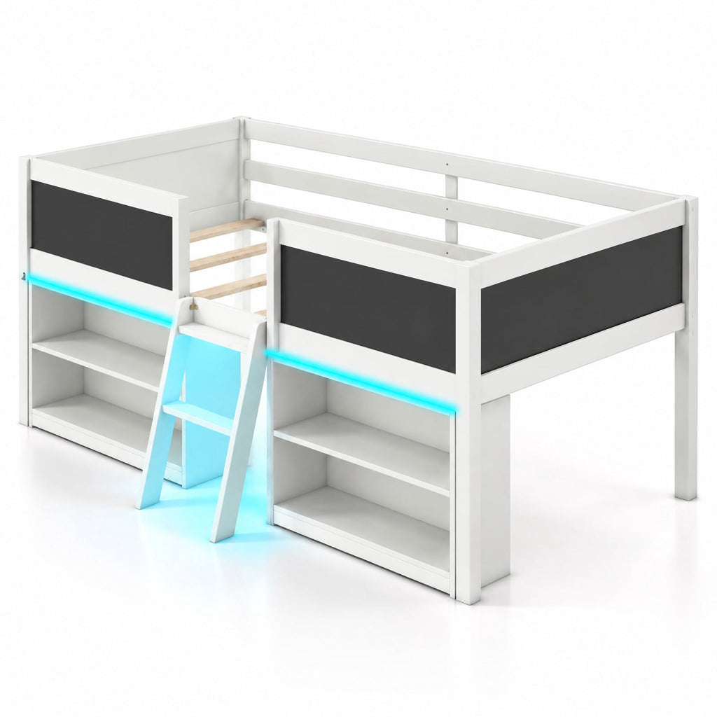 Airfind Low Loft Bed with LED Lights Youth Cabin Bed with Bookcases, 250 Lbs Capacity, Solid Wood Plywood MDF Engineered Wood, White