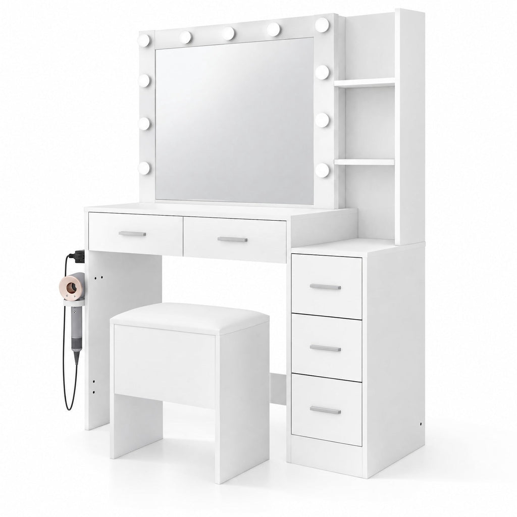 Airfind Makeup Table and Stool Set with Hair Dryer Stand, 230 lbs Capacity, MDF Frame, 43.5in x 16in x 54in Footprint, White