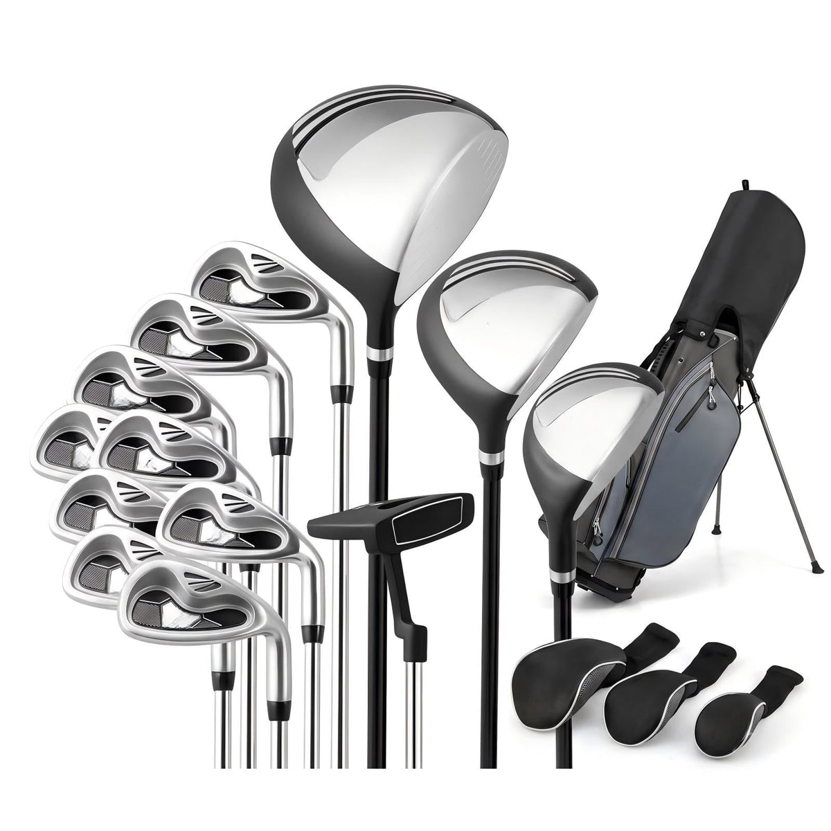 Airfind Mens Complete Golf Club Package Set, 10-Piece Right-Handed Kit with 460cc Driver, Fairway Wood, Hybrid, Irons, Putter and Stand Bag, Gray