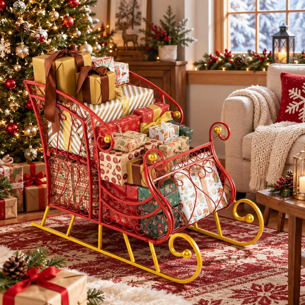 Airfind Metal Christmas Santa Sleigh Basket 2-Tier Xmas Santas Gift Storage Sleigh, 33 Lbs Capacity, Metal, 33.5 Inch X 16.5 Inch X 24.5 Inch, Red