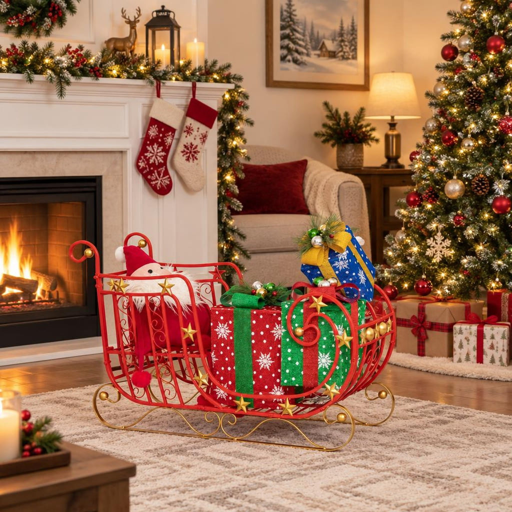 Airfind Metal Christmas Santa Sleigh with Large Cargo Area for Gifts, Metal Frame, 39 Inch x 14 Inch x 24 Inch Footprint, Red + Golden