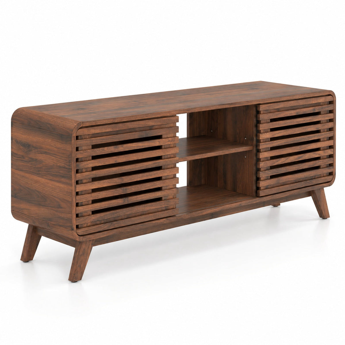 Airfind Mid Century Modern Entertainment Center with Grille-style Sliding Doors for Living Room, 100 lbs Capacity, MDF Engineered Wood Frame, Walnut