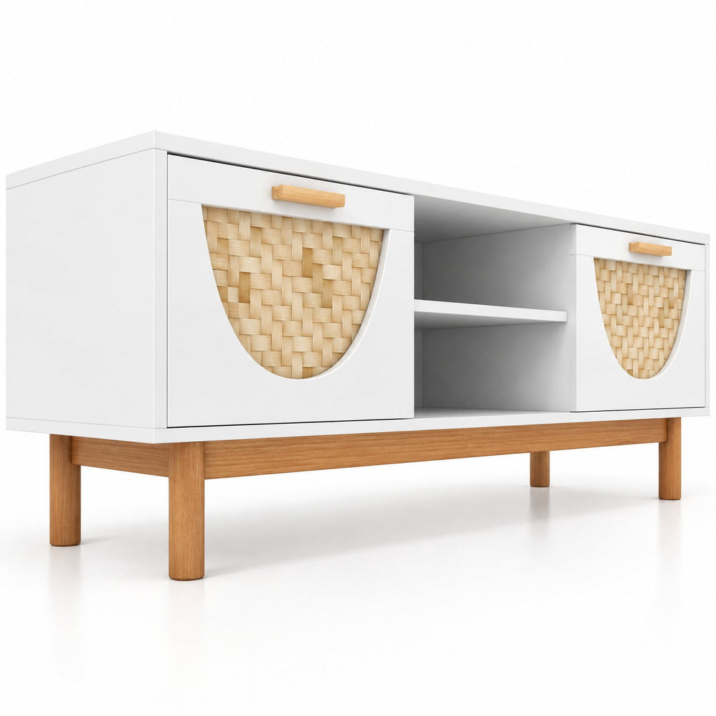 Airfind Mid Century Modern TV Stand Entertainment Center for 55-Inch TV with 2 Drawers and Bamboo Woven Fronts, MDF Frame, White