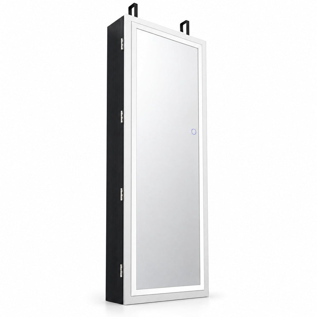 Airfind Mirrored Jewelry Armoire featuring Full Length Mirror and 2 Internal LED Lights, MDF Frame, 15.5 Inch x 5 Inch x 47 Inch (L x W x H) Hook Footprint, Black