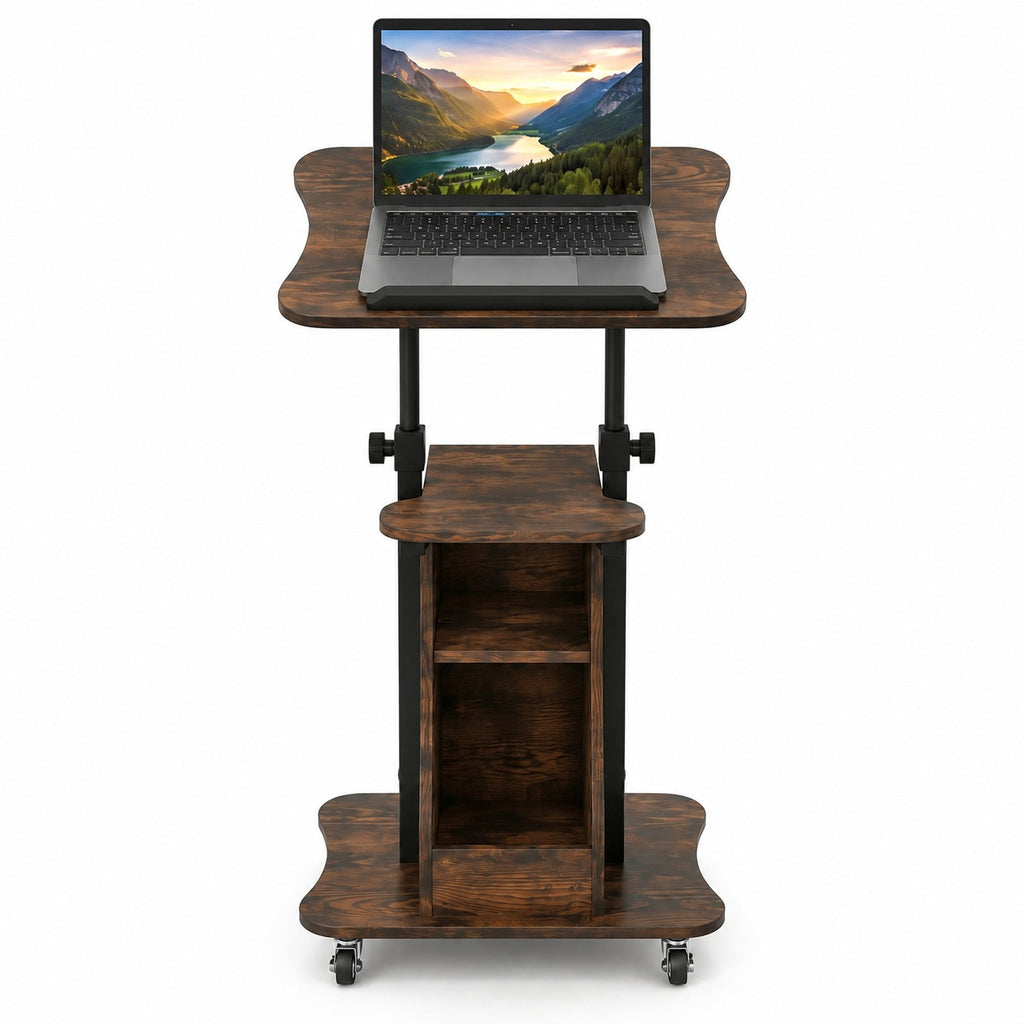 Airfind Mobile Podium Stand Height Adjustable Laptop Cart with Tilting Tabletop and Storage Compartments, 200 lbs Capacity, Brown