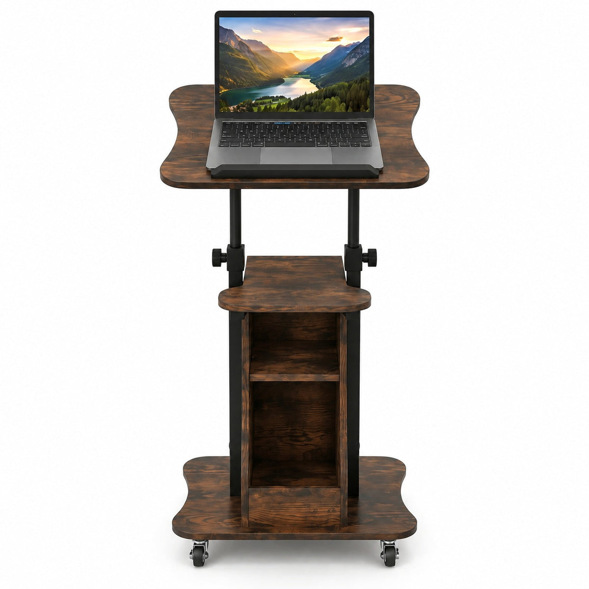 Airfind Mobile Podium Stand Height Adjustable Laptop Cart with Tilting Tabletop and Storage Compartments, 200 lbs Capacity, Brown