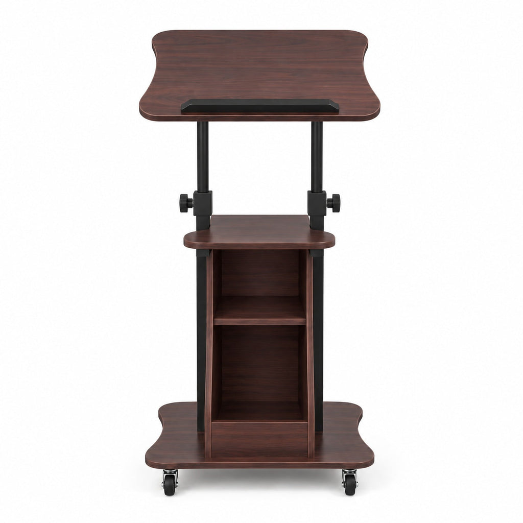 Airfind Mobile Podium Stand Height Adjustable Laptop Cart with Tilting Tabletop and Storage Compartments, 200 lbs Capacity, Brown