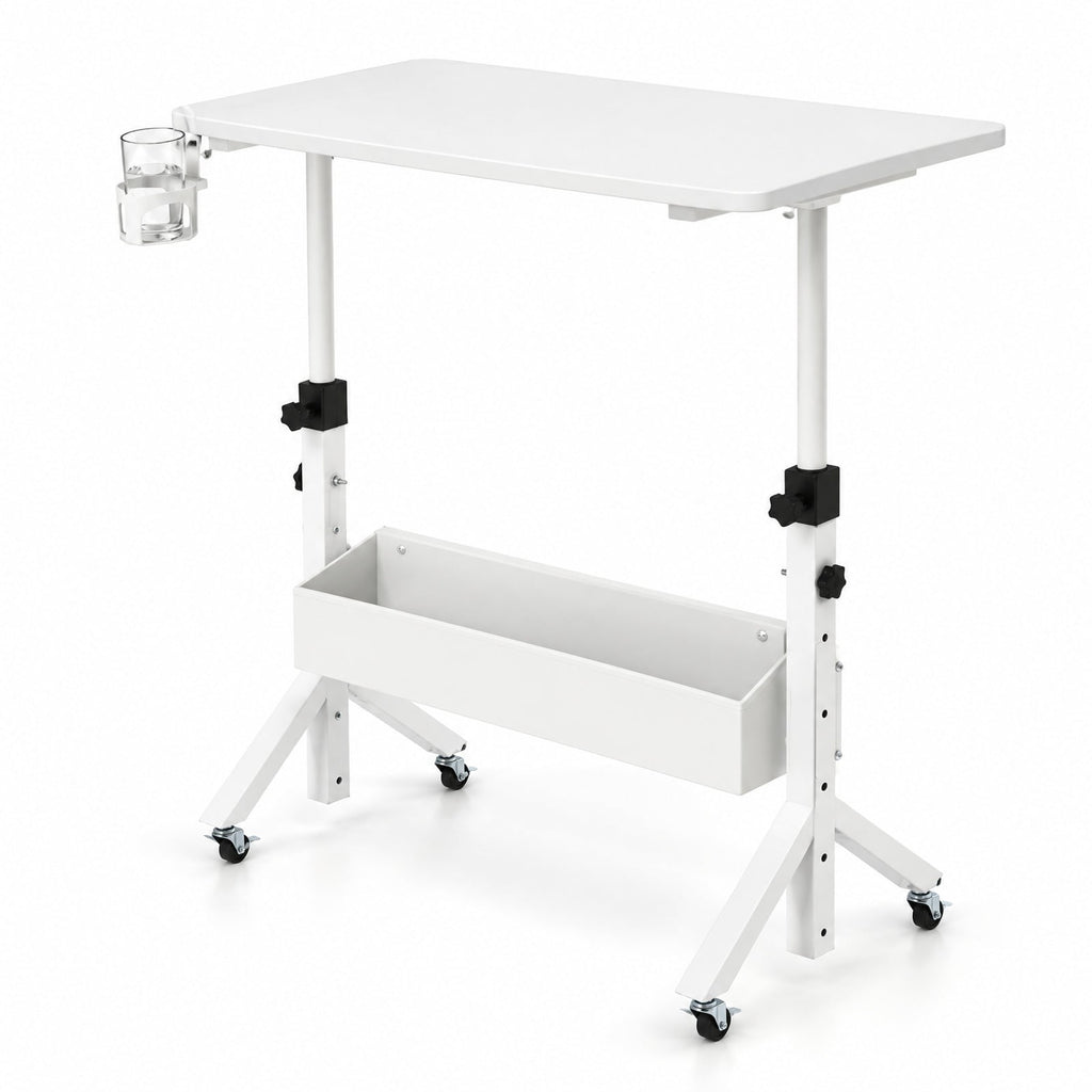 Airfind Mobile Standing Desk Height Adjustable Rolling Laptop Desk with Cup Holder Storage Basket, 110 lbs Capacity, White