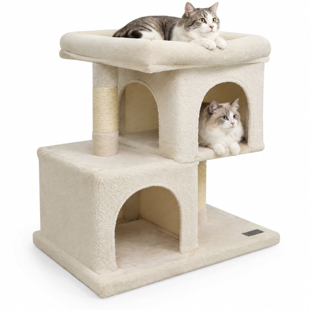 Airfind Modern Cat Tree Space-saving Cat Tower with Upholstered Perch and 2 Cat Condos, 22 lbs Capacity, 24 x 16 x 25.5 Condo Footprint, Beige