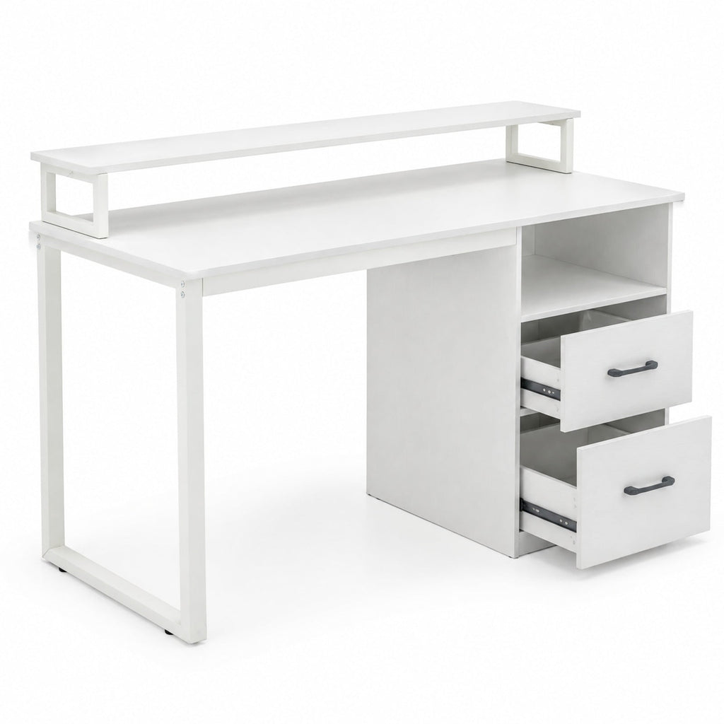 Airfind Modern Computer Desk with Power Outlets and File Drawer, 135 lbs Capacity, Engineered Wood Metal Frame, 48 Inch x 20 Inch x 35 Inch Footprint, White