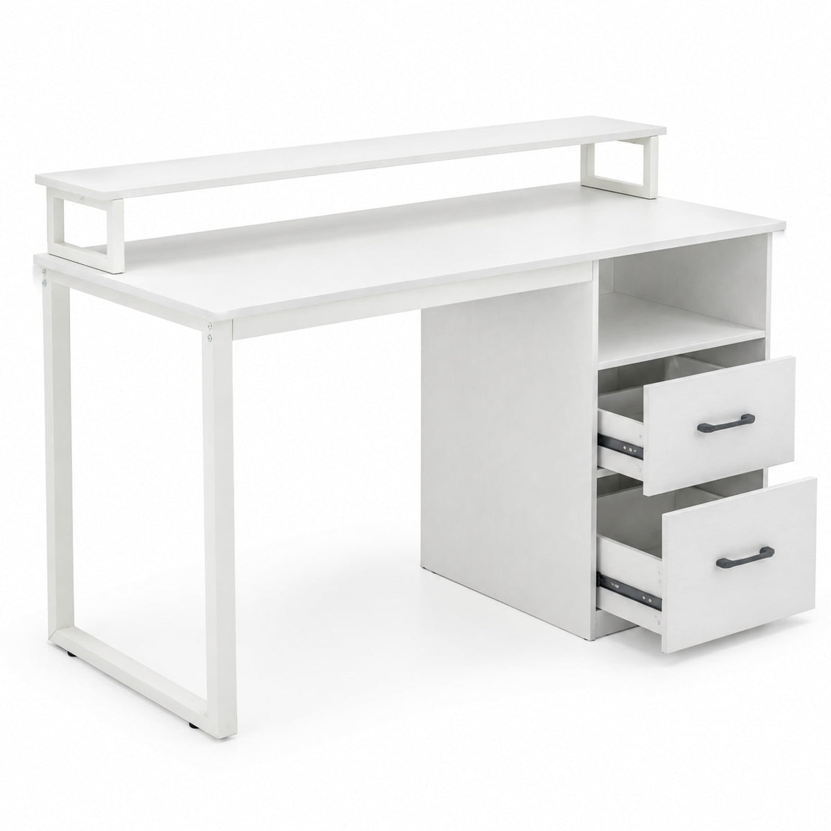 Airfind Modern Computer Desk with Power Outlets and File Drawer, 135 lbs Capacity, Engineered Wood Metal Frame, 48 Inch x 20 Inch x 35 Inch Footprint, White