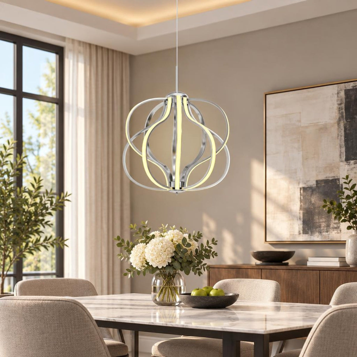 Airfind Modern Dimmable Warm LED Chandelier, Steel Aluminum PVC Frame, 20 Inch x 25 Inch - 73 Inch Footprint for Everyday Use, White
