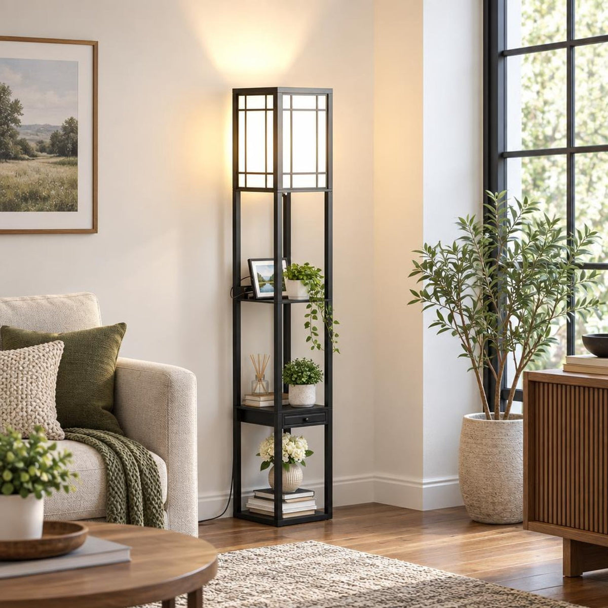 Airfind Modern Floor Lamp with Shelves and Drawer, MDF plastic Frame, 10 x 10 x 63 Footprint, Black